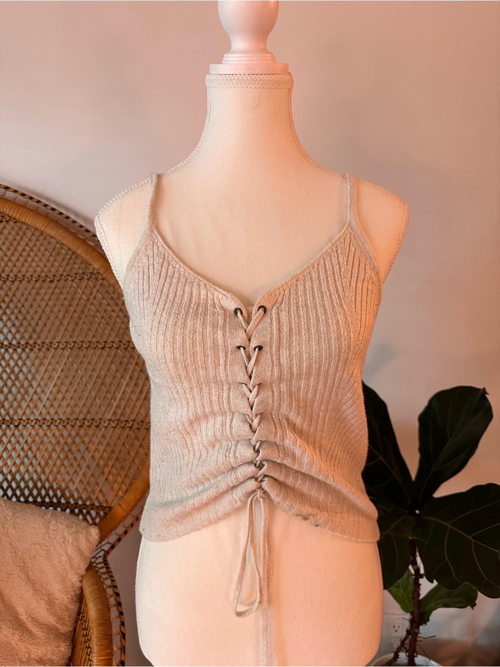 Ruched Lace-Up Knit Cami Tank Top - Cream
